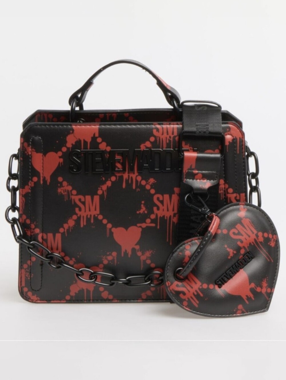 Steve Madden Black and Red Graphic Leather Messenger Bag with Heart Pouch